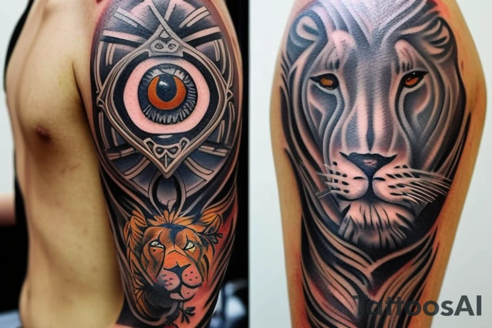 Design a tattoo for placement on the sleeve, which creatively incorporates the concept of the third eye, the sport of basketball, and a majestic lion. The design should seamlessly blend these elements in a unique and visually appealing way, while also reflecting a sense of spiritual connection and passion for the sport. tattoo idea