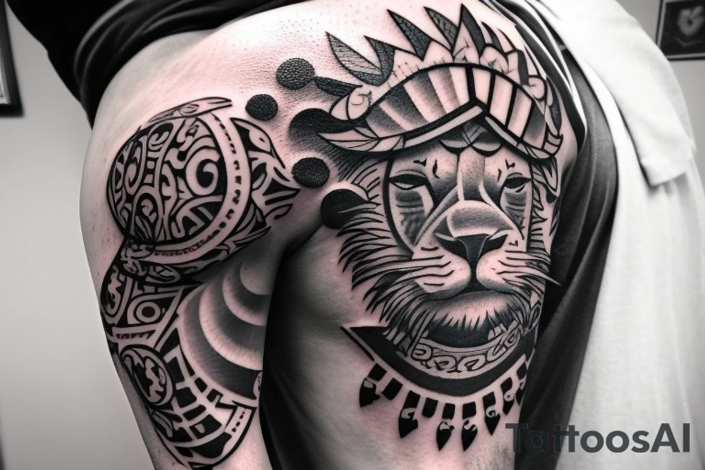 Design a tattoo for placement on the sleeve, which creatively incorporates the concept of the third eye, the sport of basketball, and a majestic lion. The design should seamlessly blend these elements in a unique and visually appealing way, while also reflecting a sense of spiritual connection and passion for the sport. tattoo idea