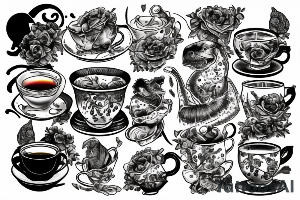 Trex drinking a tea cup tattoo idea