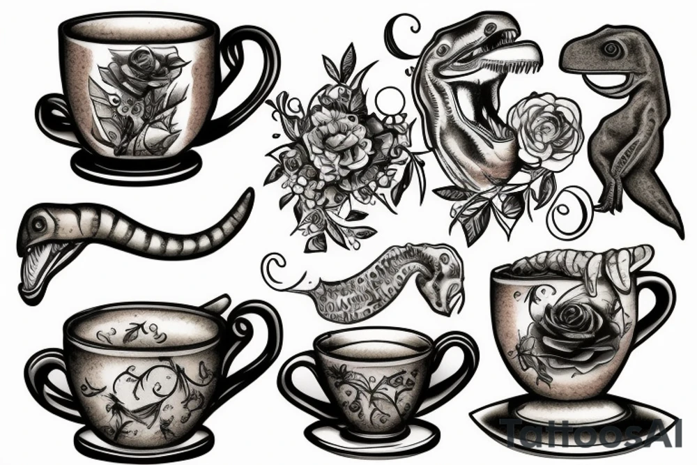 Trex drinking a tea cup tattoo idea