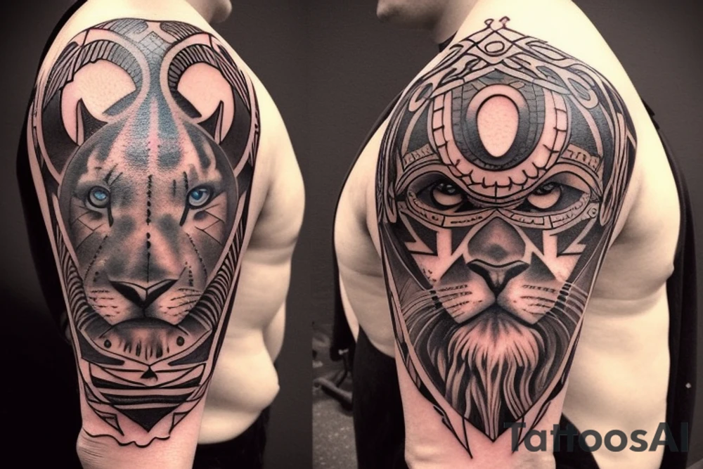 Design a tattoo for placement on the sleeve, which creatively incorporates the concept of the third eye, the sport of basketball, and a majestic lion. The design should seamlessly blend these elements in a unique and visually appealing way, while also reflecting a sense of spiritual connection and passion for the sport. tattoo idea
