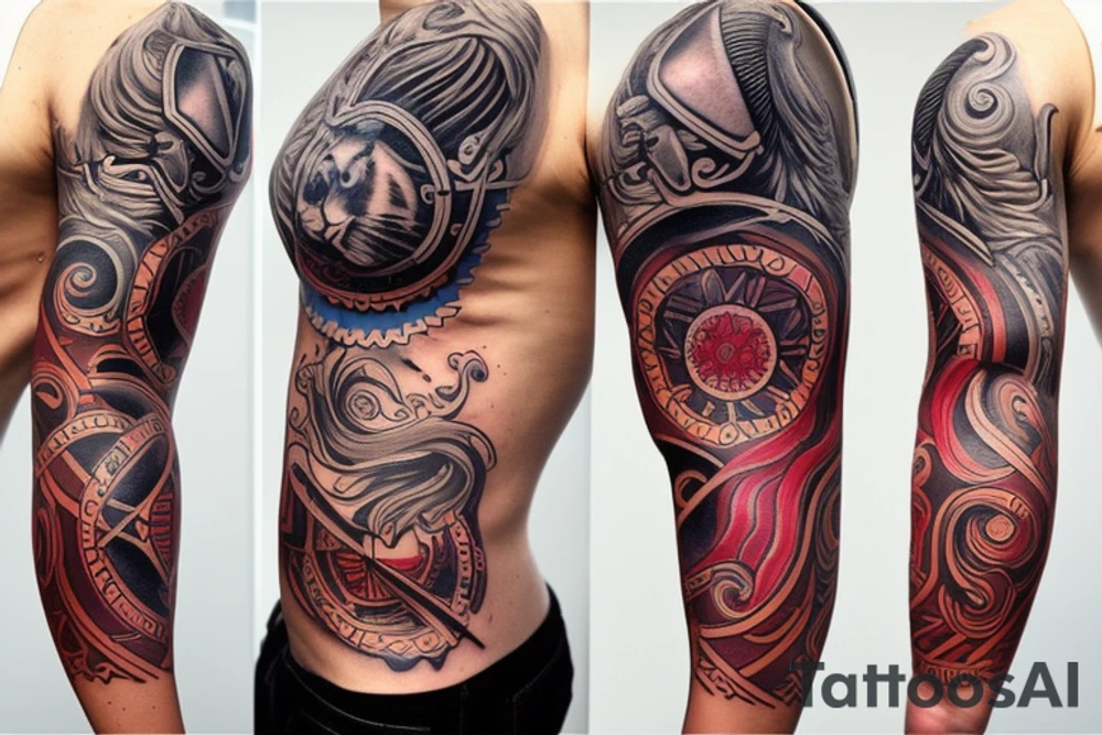 Design a tattoo for placement on the sleeve, which creatively incorporates the concept of the third eye, the sport of basketball, and a majestic lion. The design should seamlessly blend these elements in a unique and visually appealing way, while also reflecting a sense of spiritual connection and passion for the sport. tattoo idea