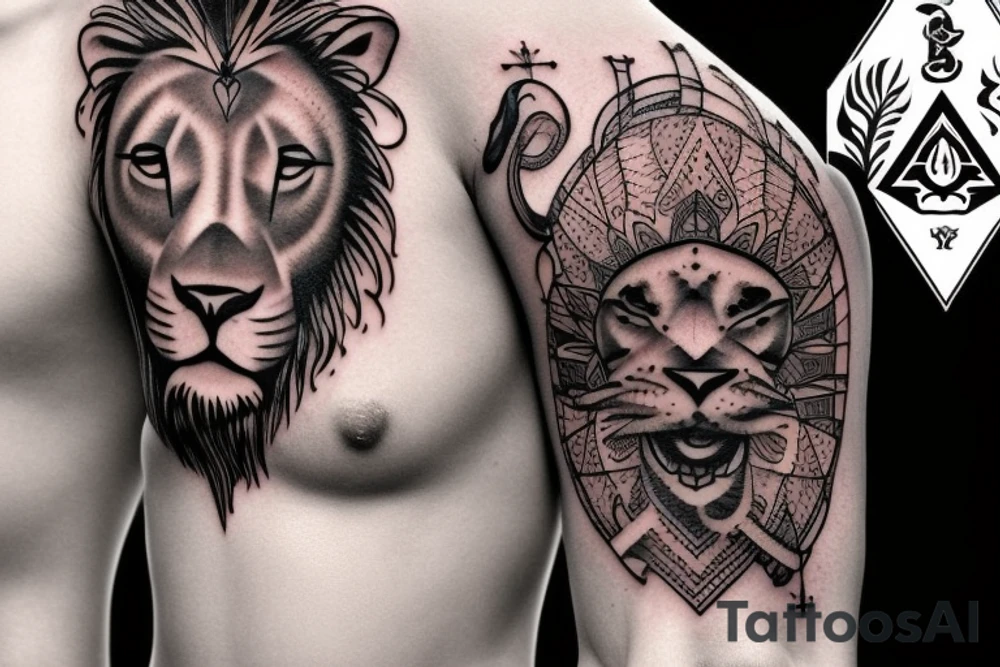 Design a tattoo for placement on the sleeve, which creatively incorporates the concept of the third eye, the sport of basketball, and a majestic lion. The design should seamlessly blend these elements in a unique and visually appealing way, while also reflecting a sense of spiritual connection and passion for the sport. tattoo idea