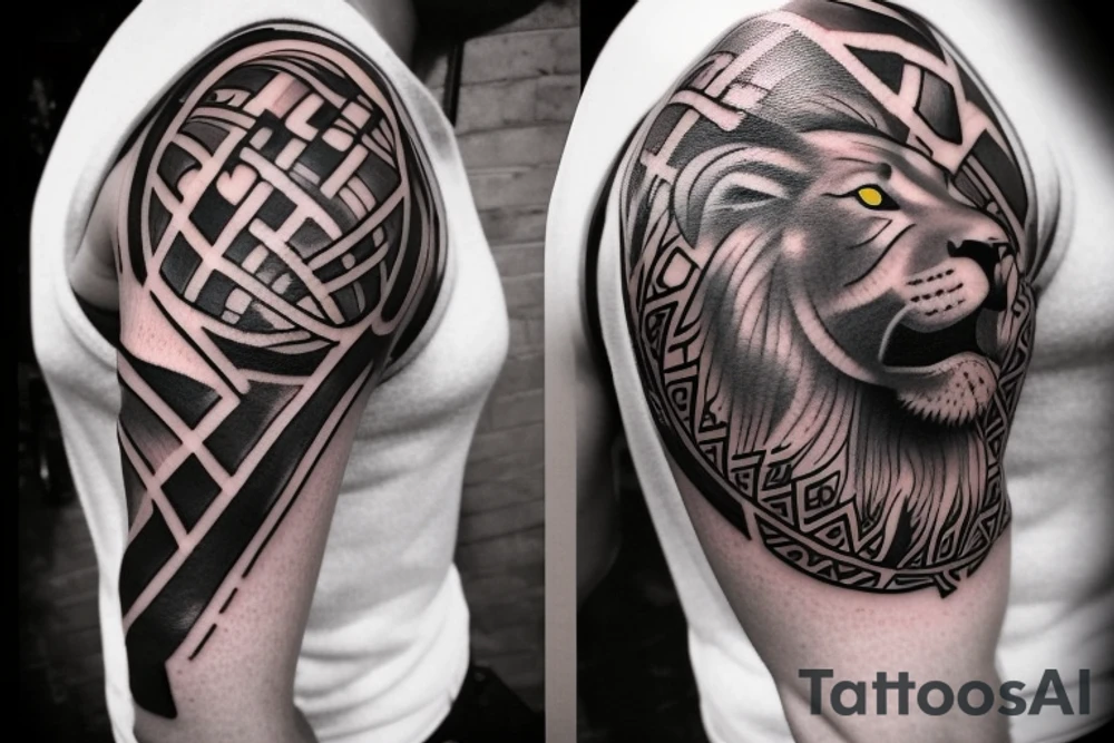 Design a tattoo for placement on the sleeve, which creatively incorporates the concept of the third eye, the sport of basketball, and a majestic lion. The design should seamlessly blend these elements in a unique and visually appealing way, while also reflecting a sense of spiritual connection and passion for the sport. tattoo idea