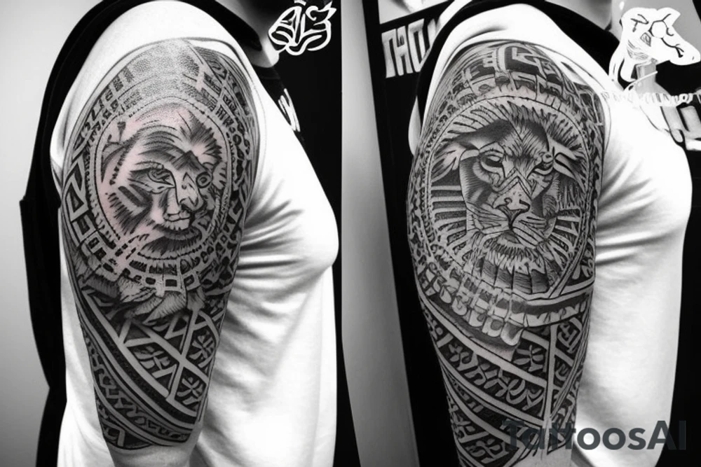 Design a tattoo for placement on the sleeve, which creatively incorporates the concept of the third eye, the sport of basketball, and a majestic lion. The design should seamlessly blend these elements in a unique and visually appealing way, while also reflecting a sense of spiritual connection and passion for the sport. tattoo idea