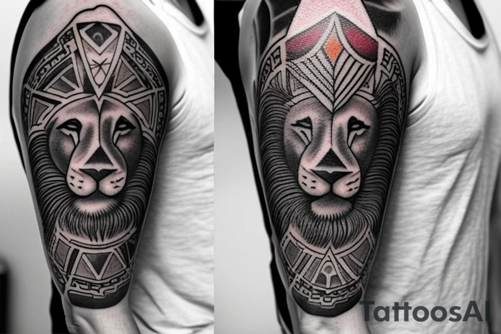 Design a tattoo for placement on the sleeve, which creatively incorporates the concept of the third eye, the sport of basketball, and a majestic lion. The design should seamlessly blend these elements in a unique and visually appealing way, while also reflecting a sense of spiritual connection and passion for the sport. tattoo idea