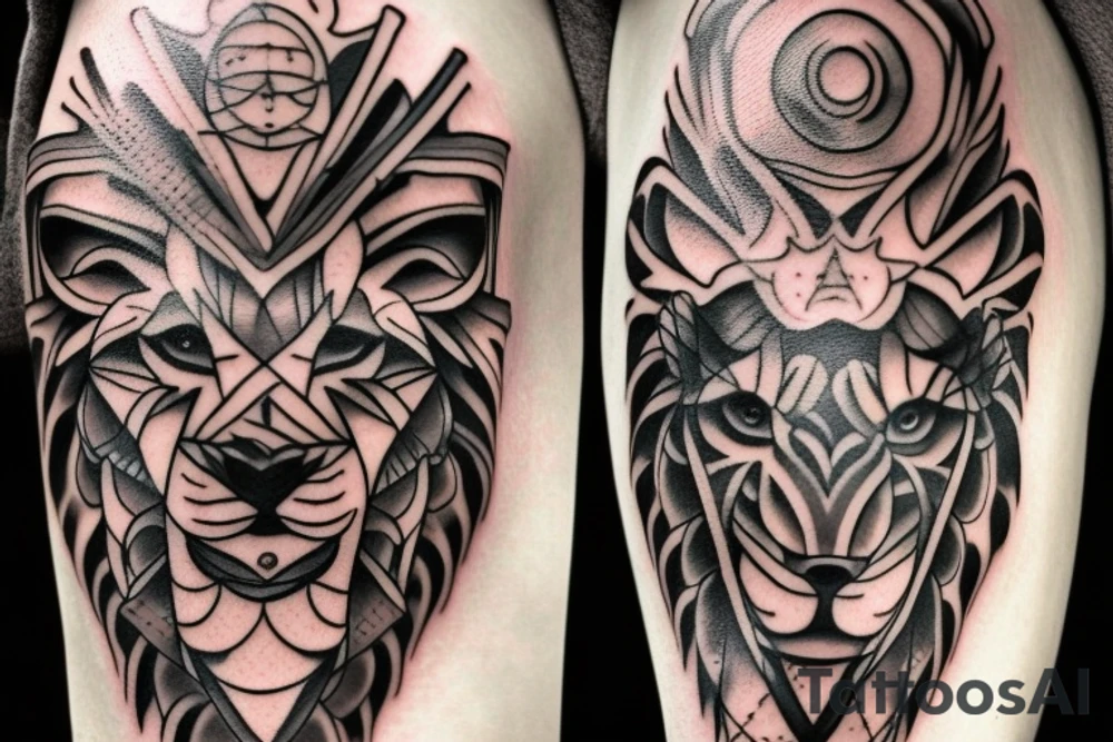 Design a tattoo for placement on the sleeve, which creatively incorporates the concept of the third eye, the sport of basketball, and a majestic lion. The design should seamlessly blend these elements in a unique and visually appealing way, while also reflecting a sense of spiritual connection and passion for the sport. tattoo idea