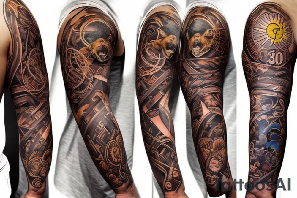 Design a tattoo for placement on the sleeve, which creatively incorporates the concept of the third eye, the sport of basketball, and a majestic lion. The design should seamlessly blend these elements in a unique and visually appealing way, while also reflecting a sense of spiritual connection and passion for the sport. tattoo idea