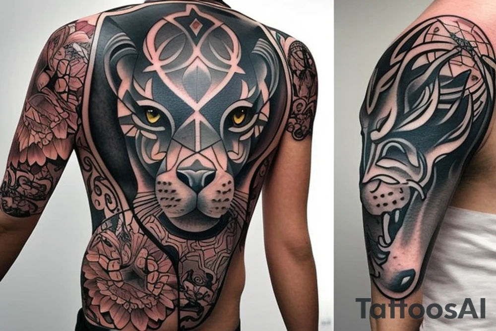 Design a tattoo for placement on the sleeve, which creatively incorporates the concept of the third eye, the sport of basketball, and a majestic lion. The design should seamlessly blend these elements in a unique and visually appealing way, while also reflecting a sense of spiritual connection and passion for the sport. tattoo idea