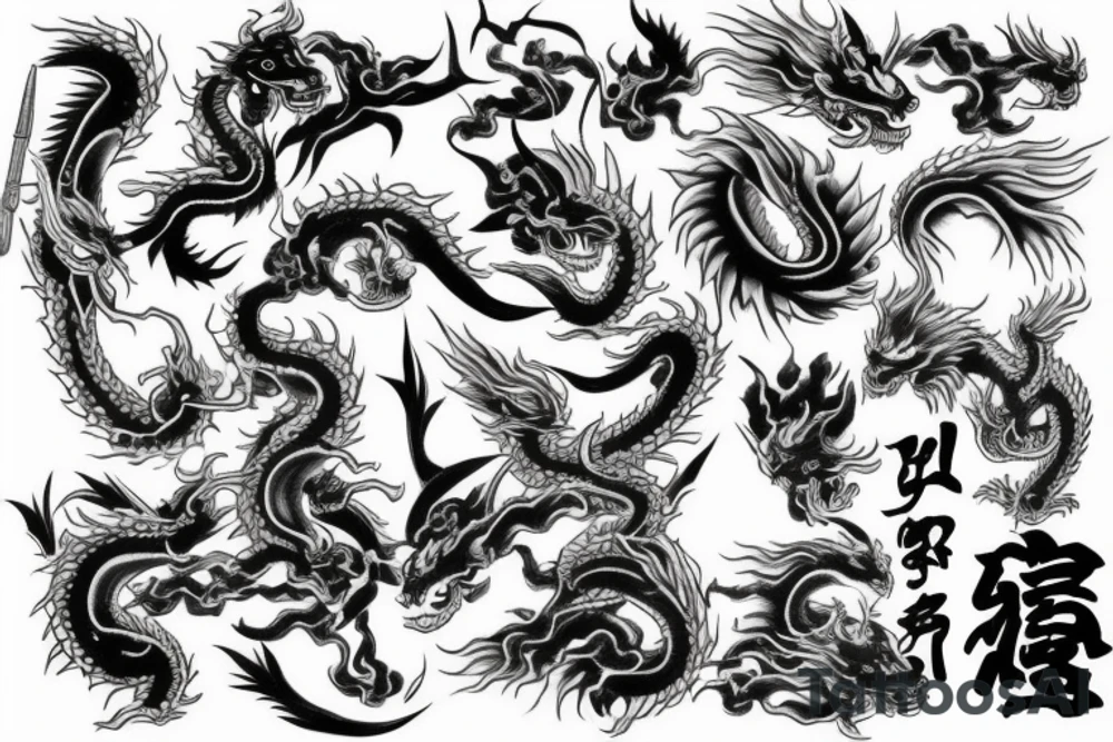 black and white tattoo, neo japanese style. Fit in with dragon tattoo idea