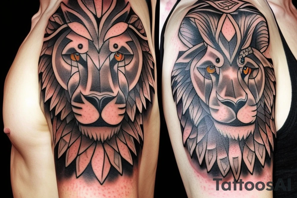 Design a tattoo for placement on the shoulder, which creatively incorporates the number 14, concept of the third eye, the sport of basketball, and a majestic lion. The design should seamlessly blend these elements in a unique and visually appealing way, while also reflecting a sense of spiritual connection and passion for the sport. tattoo idea