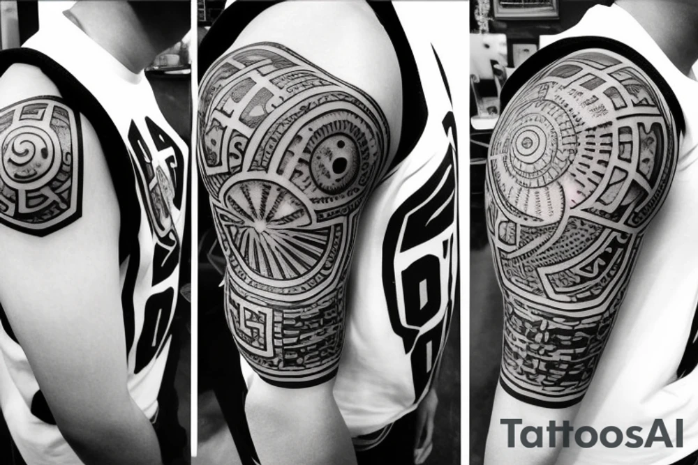 Design a tattoo for placement on the shoulder, which incorporates the number 14, concept of the third eye, the sport of basketball, and a majestic lion. The design should seamlessly blend these elements in a unique and visually appealing way, while also reflecting a sense of spiritual connection and passion for the sport. tattoo idea