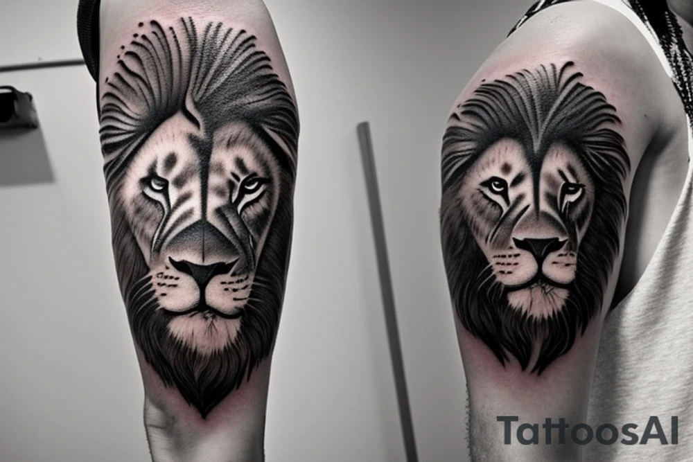 Envision a tattoo for placement on the sleeve that features a powerful, majestic lion with its mane flowing in the wind, as it gracefully leaps through the air to catch a basketball in its claws. The number 14, artistically styled and embedded within the lion's mane, represents personal significance and the passion for the sport. The lion's eyes radiate an ethereal, otherworldly glow, symbolizing the third eye concept and a deeper spiritual connection.

As the lion catches the basketball, the ball itself is adorned with an intricate design representing the third eye, integrating spirituality and sport in a harmonious union. The background of the tattoo showcases a cosmic setting with celestial elements, highlighting the spiritual aspect of the design. The overall composition of the tattoo is dynamic, unique, and visually captivating, seamlessly blending the elements of basketball, the number 14, the third eye, and the regal lion into an expressive piece of body art. tattoo idea