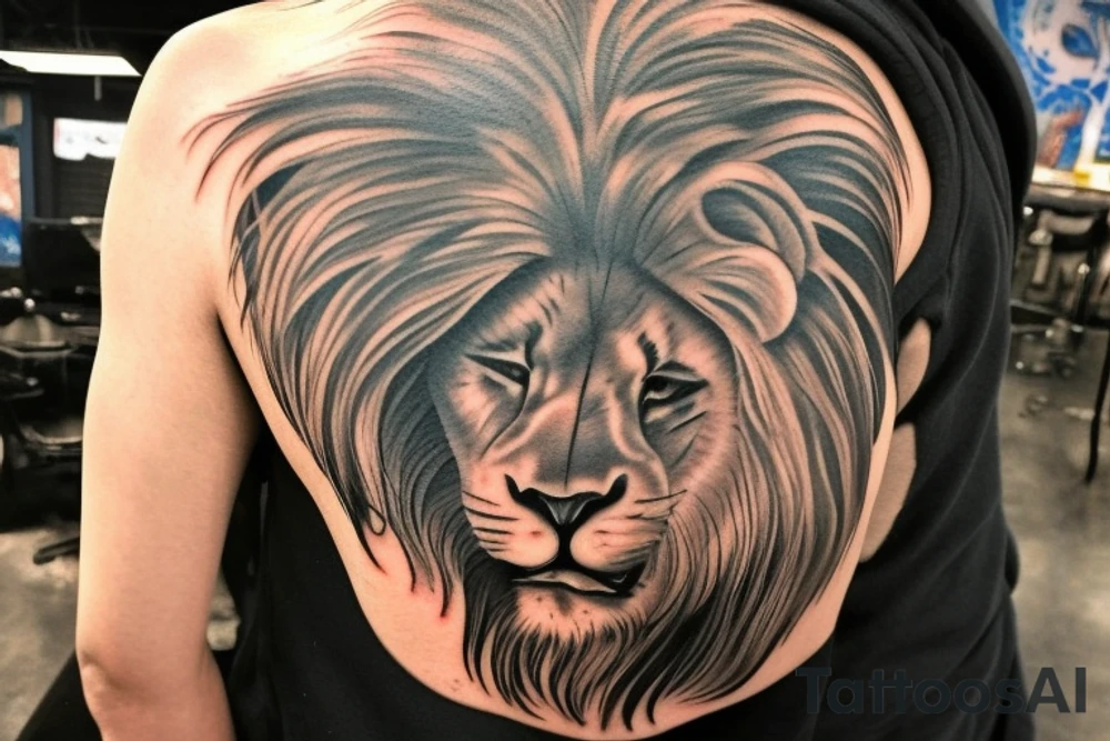 Envision a tattoo for placement on the sleeve that features a powerful, majestic lion with its mane flowing in the wind, as it gracefully leaps through the air to catch a basketball in its claws. The number 14, artistically styled and embedded within the lion's mane, represents personal significance and the passion for the sport. The lion's eyes radiate an ethereal, otherworldly glow, symbolizing the third eye concept and a deeper spiritual connection.

As the lion catches the basketball, the ball itself is adorned with an intricate design representing the third eye, integrating spirituality and sport in a harmonious union. The background of the tattoo showcases a cosmic setting with celestial elements, highlighting the spiritual aspect of the design. The overall composition of the tattoo is dynamic, unique, and visually captivating, seamlessly blending the elements of basketball, the number 14, the third eye, and the regal lion into an expressive piece of body art. tattoo idea