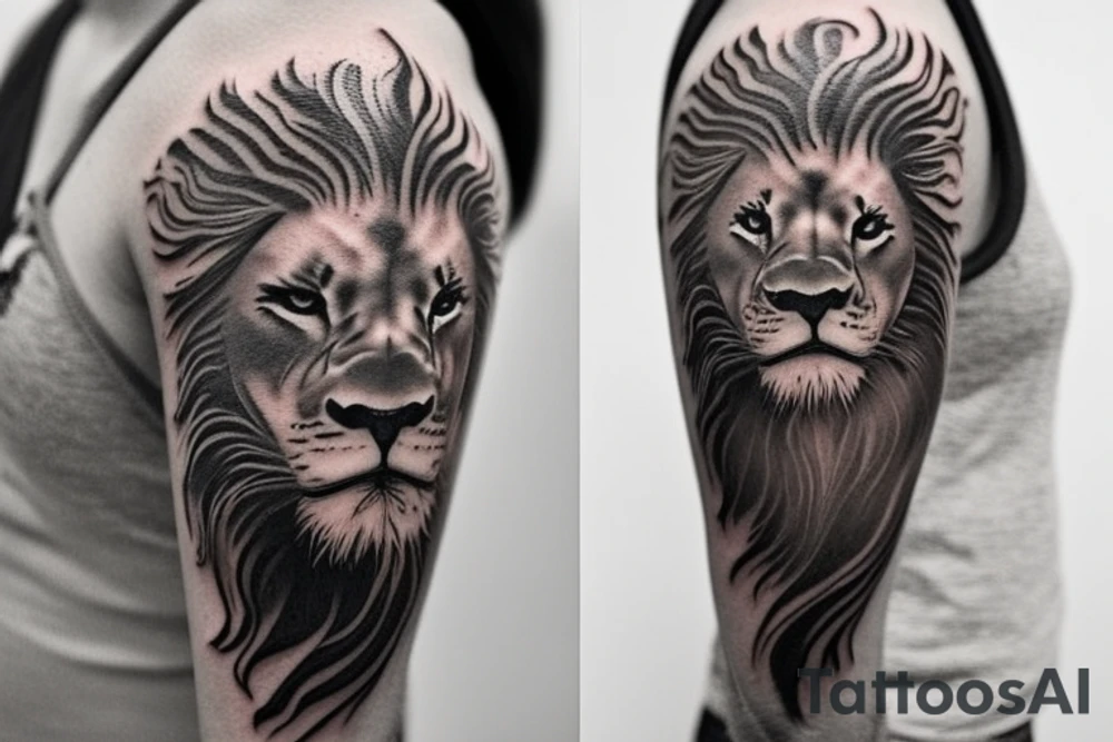 Envision a tattoo for placement on the sleeve that features a powerful, majestic lion with its mane flowing in the wind, as it gracefully leaps through the air to catch a basketball in its claws. The number 14, artistically styled and embedded within the lion's mane, represents personal significance and the passion for the sport. The lion's eyes radiate an ethereal, otherworldly glow, symbolizing the third eye concept and a deeper spiritual connection.

As the lion catches the basketball, the ball itself is adorned with an intricate design representing the third eye, integrating spirituality and sport in a harmonious union. The background of the tattoo showcases a cosmic setting with celestial elements, highlighting the spiritual aspect of the design. The overall composition of the tattoo is dynamic, unique, and visually captivating, seamlessly blending the elements of basketball, the number 14, the third eye, and the regal lion into an expressive piece of body art. tattoo idea