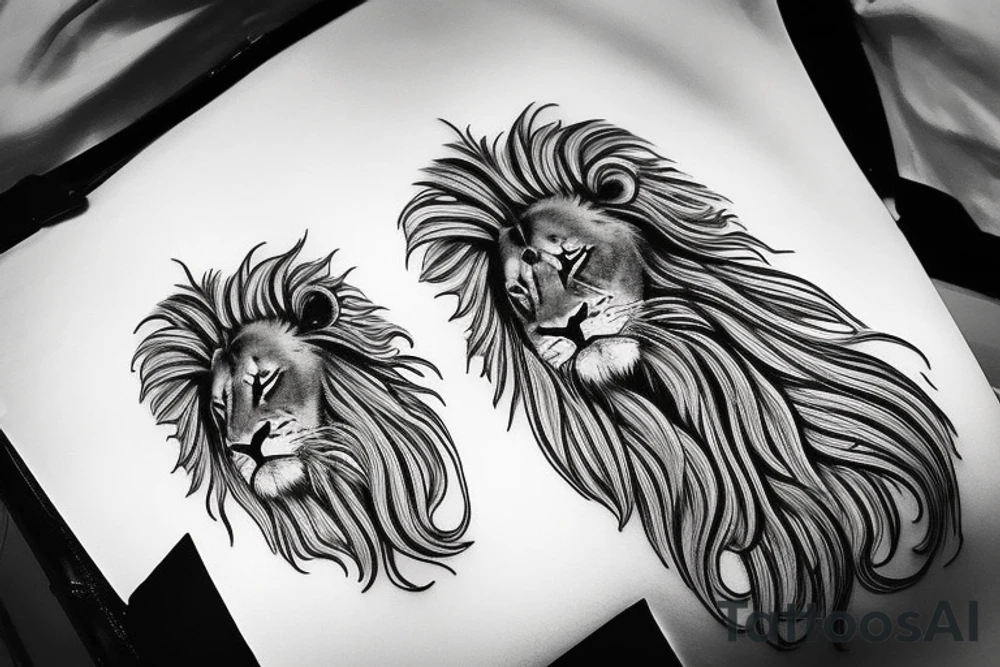 Envision a tattoo for placement on the sleeve that features a powerful, majestic lion with its mane flowing in the wind, as it gracefully leaps through the air to catch a basketball in its claws. The number 14, artistically styled and embedded within the lion's mane, represents personal significance and the passion for the sport. The lion's eyes radiate an ethereal, otherworldly glow, symbolizing the third eye concept and a deeper spiritual connection.

As the lion catches the basketball, the ball itself is adorned with an intricate design representing the third eye, integrating spirituality and sport in a harmonious union. The background of the tattoo showcases a cosmic setting with celestial elements, highlighting the spiritual aspect of the design. The overall composition of the tattoo is dynamic, unique, and visually captivating, seamlessly blending the elements of basketball, the number 14, the third eye, and the regal lion into an expressive piece of body art. tattoo idea