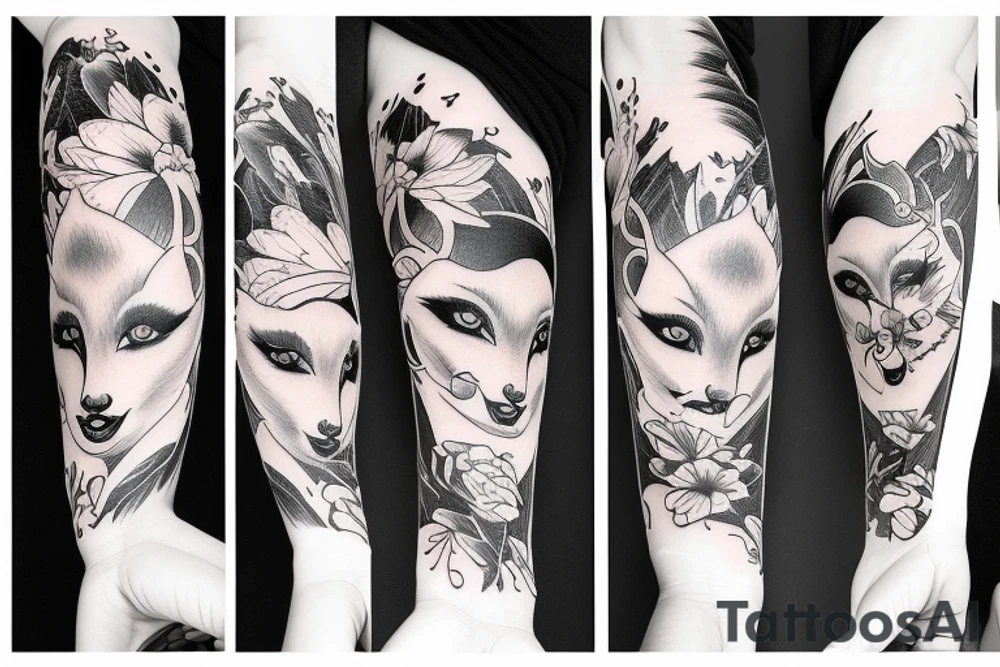 fox transition to geisha tattoo, forearm sleeve tattoo idea