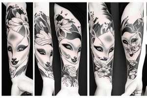 fox transition to geisha tattoo, forearm sleeve tattoo idea