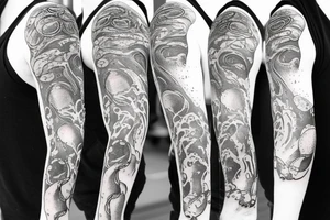 Ocean sleeve with jellyfish, sharks, a ship wreck, sea turtles, and plant life tattoo idea