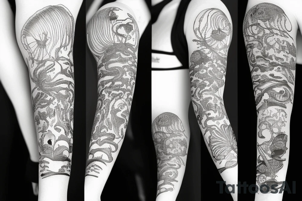 Ocean sleeve with jellyfish, sharks, a ship wreck, sea turtles, and plant life tattoo idea