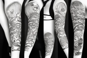 Ocean sleeve with jellyfish, sharks, a ship wreck, sea turtles, and plant life tattoo idea