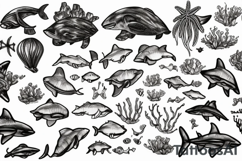 jellyfish, sharks, a ship wreck, sea turtles, and ocean plant life tattoo idea