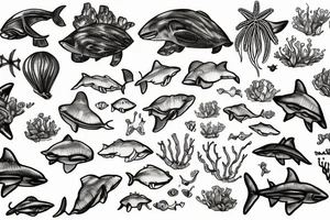 jellyfish, sharks, a ship wreck, sea turtles, and ocean plant life tattoo idea