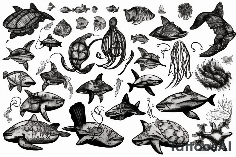 jellyfish, sharks, a ship wreck, sea turtles, and ocean plant life tattoo idea
