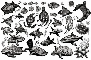 jellyfish, sharks, a ship wreck, sea turtles, and ocean plant life tattoo idea