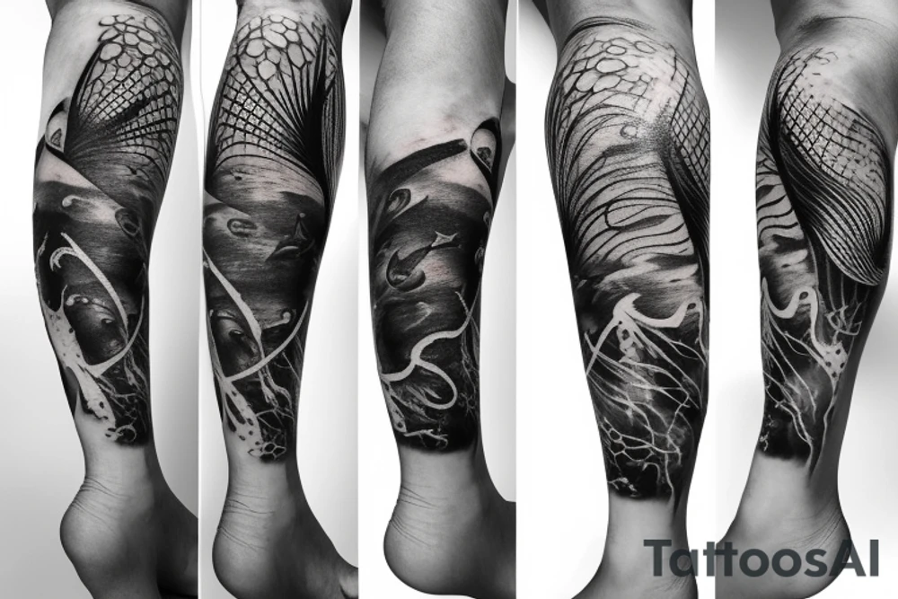 Leg sleeve with jellyfish, sharks, a ship wreck, sea turtles, and ocean plant life tattoo idea