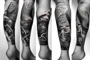 Leg sleeve with jellyfish, sharks, a ship wreck, sea turtles, and ocean plant life tattoo idea