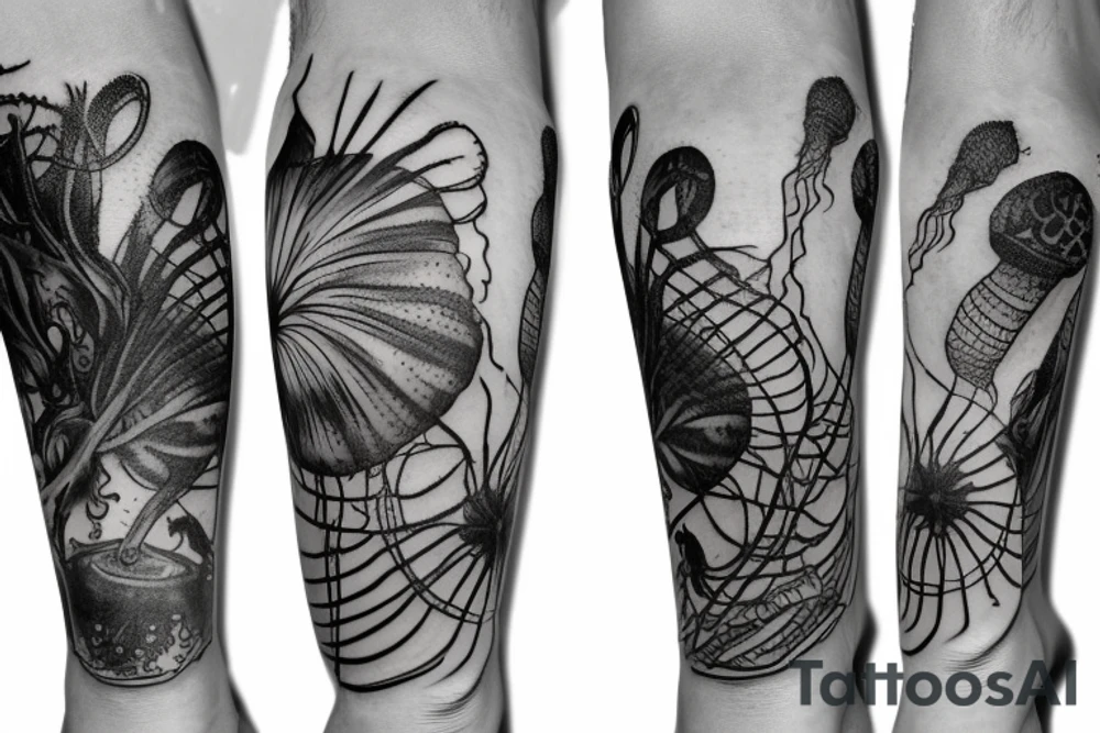 Leg sleeve with jellyfish, sharks, a ship wreck, sea turtles, and ocean plant life tattoo idea