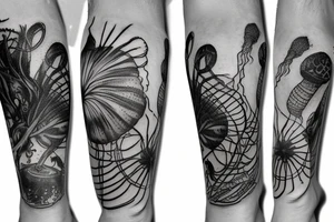 Leg sleeve with jellyfish, sharks, a ship wreck, sea turtles, and ocean plant life tattoo idea