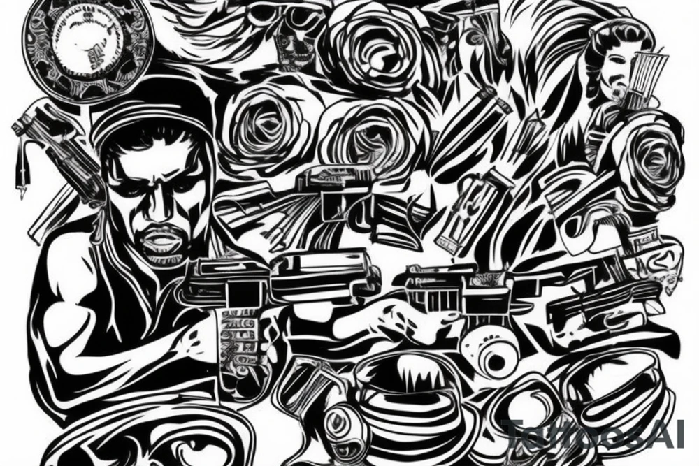 Gangsta chicano full back. Guns, cash, low rider car, woman tattoo idea