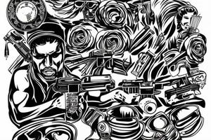 Gangsta chicano full back. Guns, cash, low rider car, woman tattoo idea