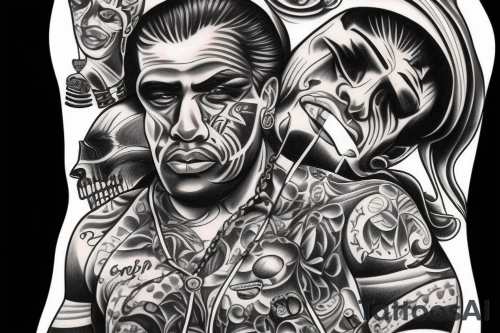 Gangsta chicano full back. Guns, cash, low rider car, woman tattoo idea