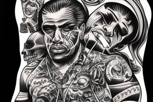 Gangsta chicano full back. Guns, cash, low rider car, woman tattoo idea