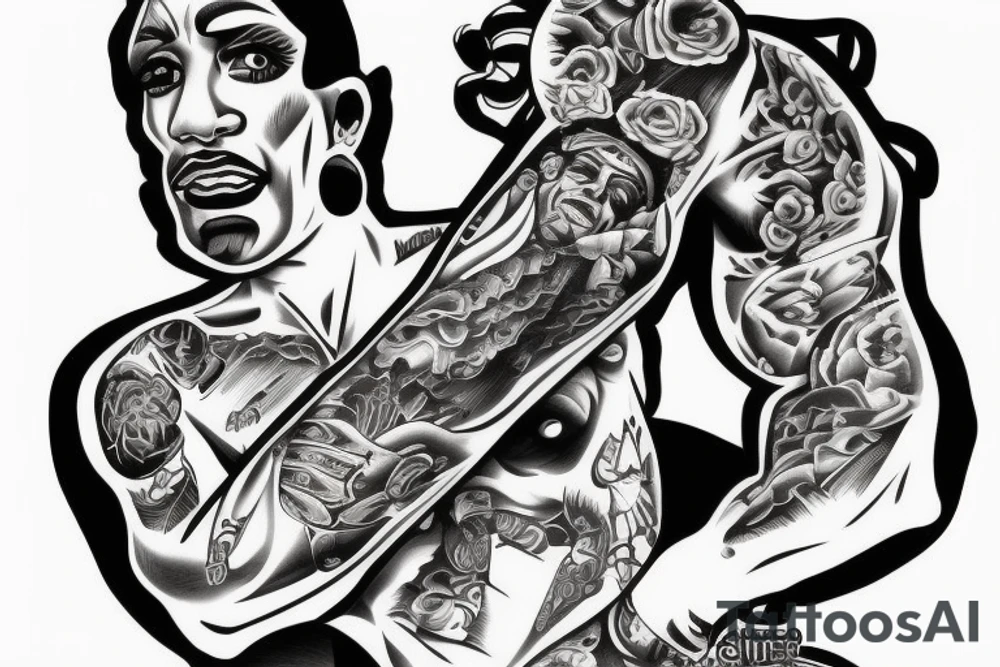 Gangsta chicano full back. Guns, cash, low rider car, woman tattoo idea