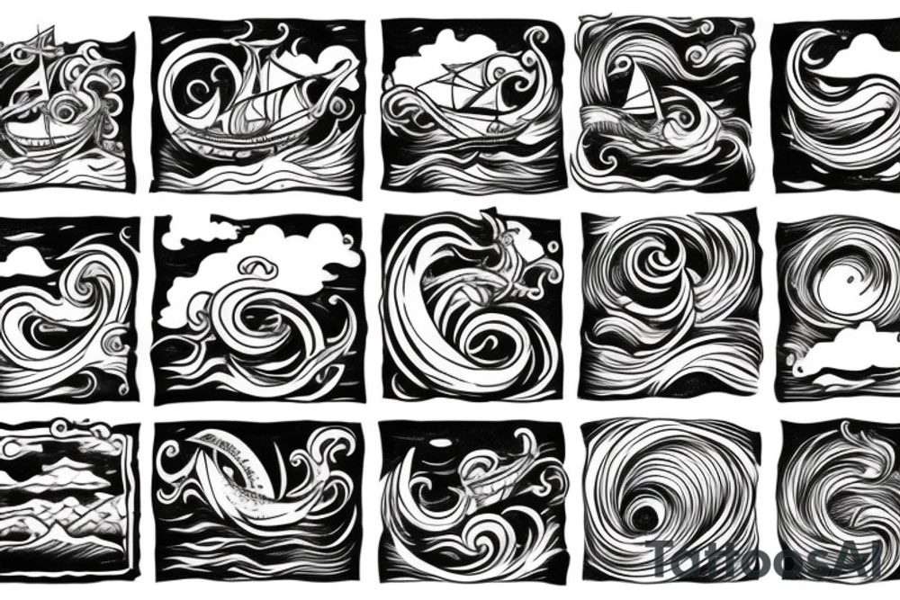 Sail ship with waves and sea monster tattoo idea