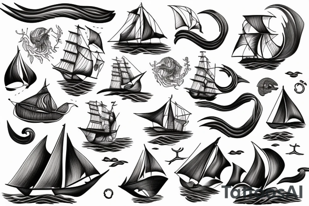 Sail ship with waves and sea monster tattoo idea