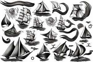 Sail ship with waves and sea monster tattoo idea