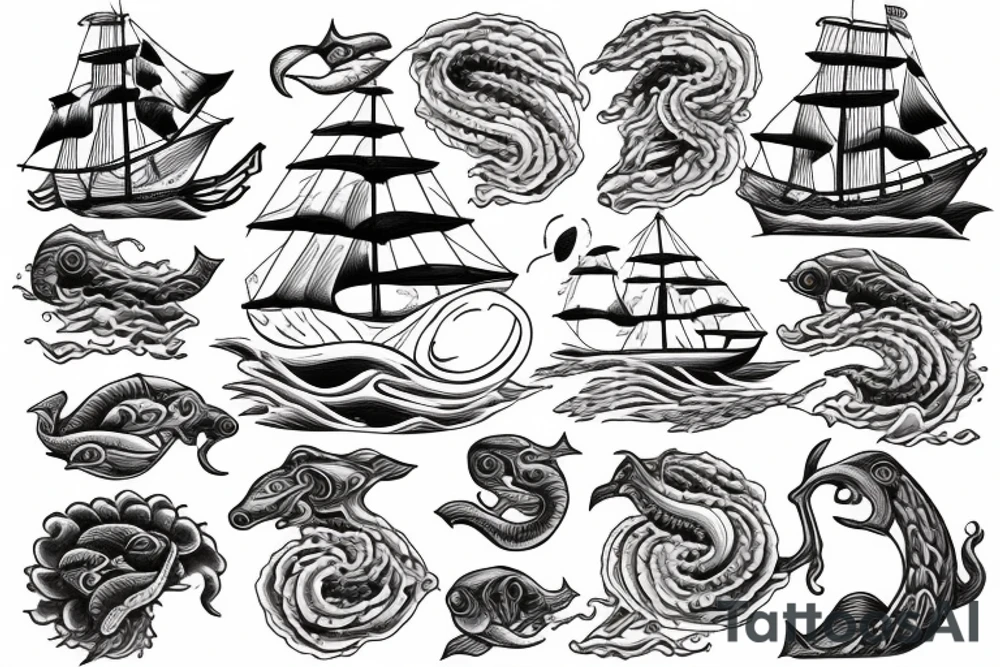 Sail ship with waves and sea monster tattoo idea