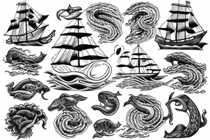 Sail ship with waves and sea monster tattoo idea