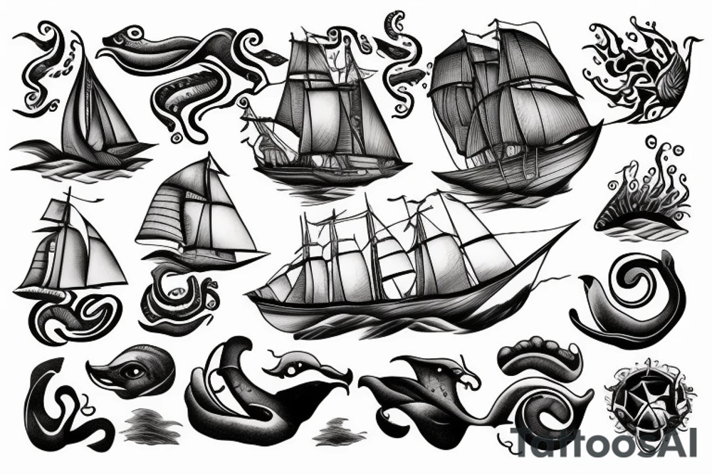 Sail ship with waves and sea monster tattoo idea