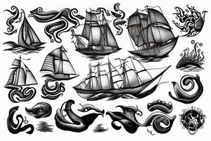 Sail ship with waves and sea monster tattoo idea