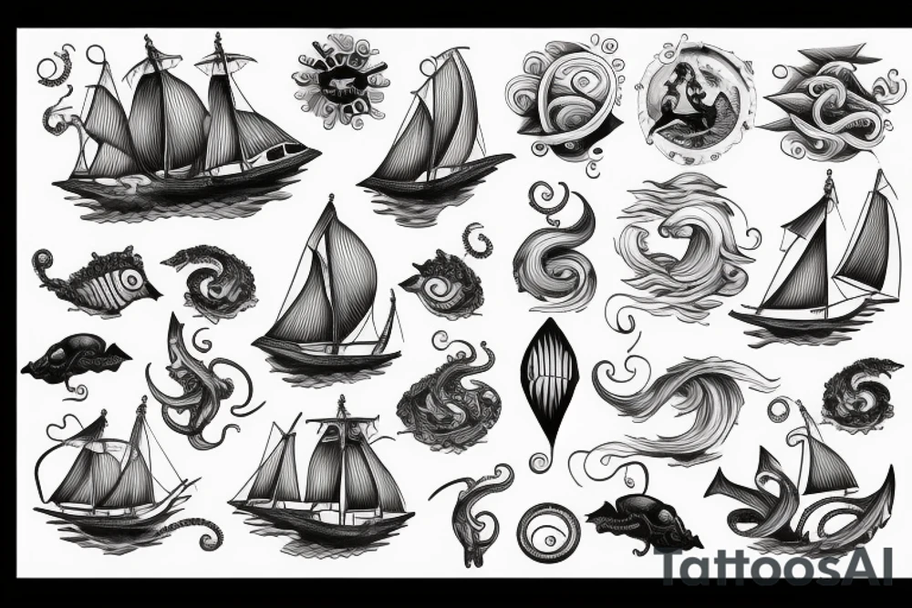 Sail ship with waves and sea monster tattoo idea