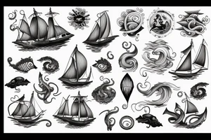 Sail ship with waves and sea monster tattoo idea