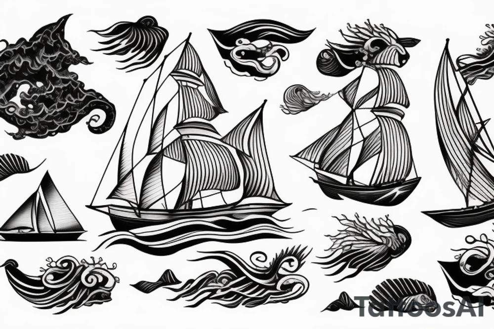 Sail ship with waves and sea monster tattoo idea