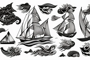Sail ship with waves and sea monster tattoo idea