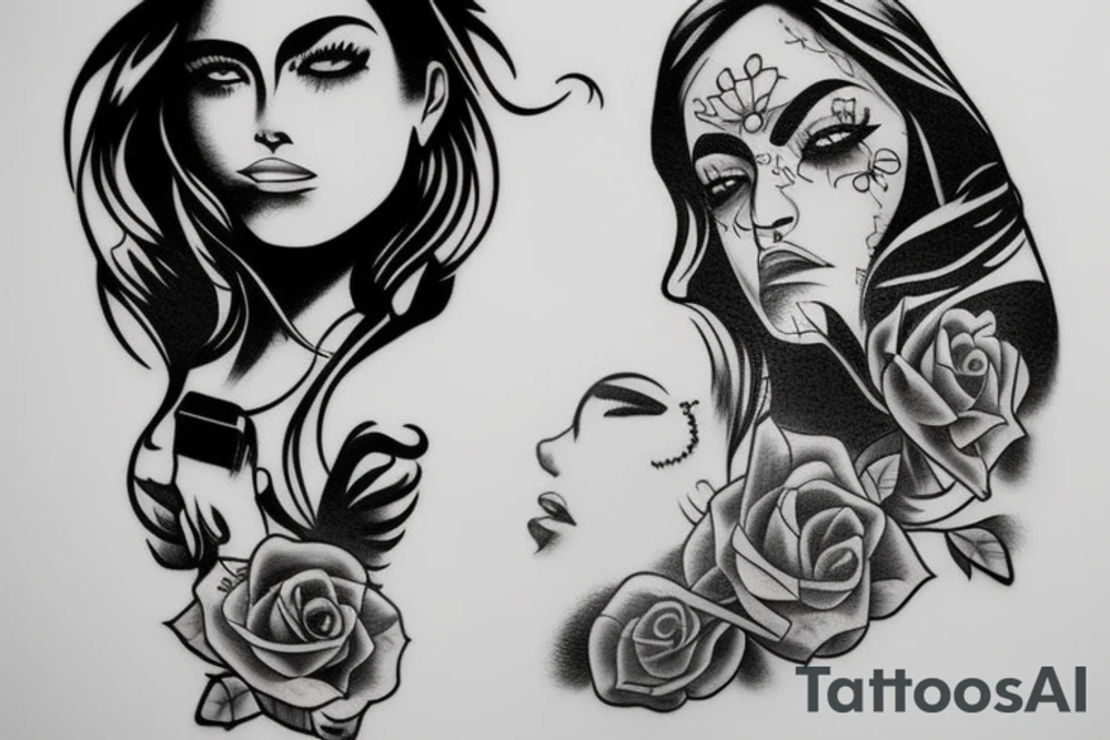 Chicano Girl with bandana and gun and backround shadows tattoo idea